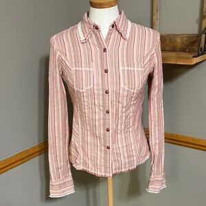 BKE denim pink, red, & cream striped pearl snap western shirt size M